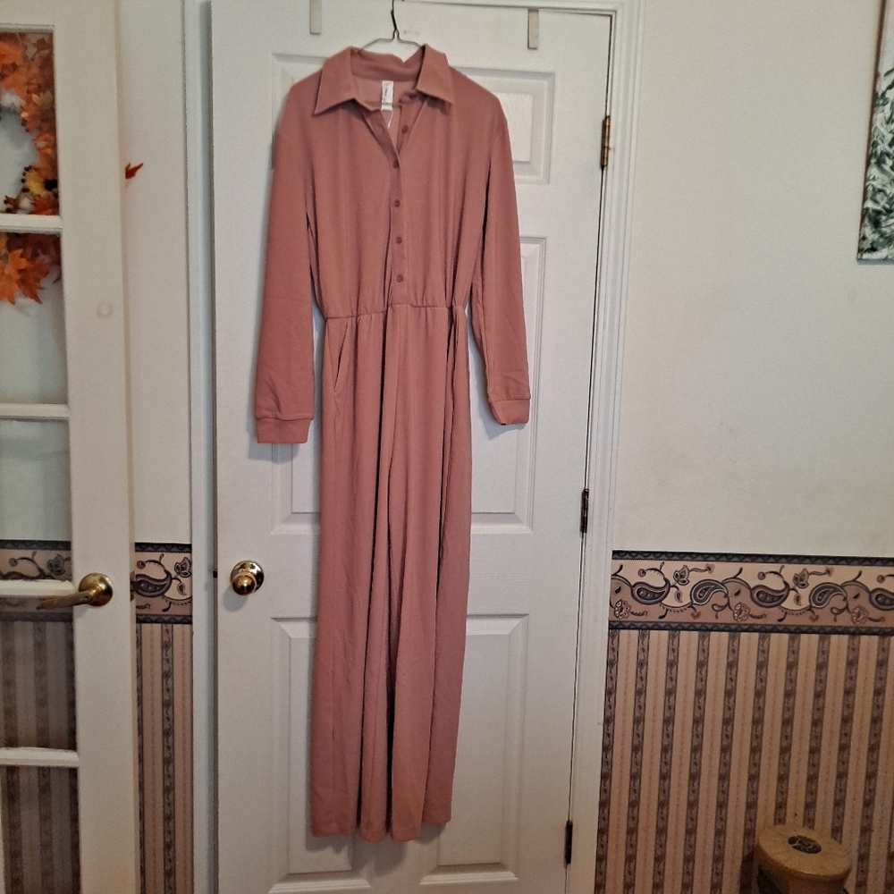 Halara Elegant Pink Long Sleeve Jumpsuit Button Down